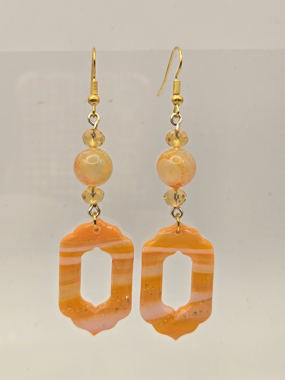 #B376- Gold-Tone Orange Drop Earrings with Striped Resin Pendants- Agate